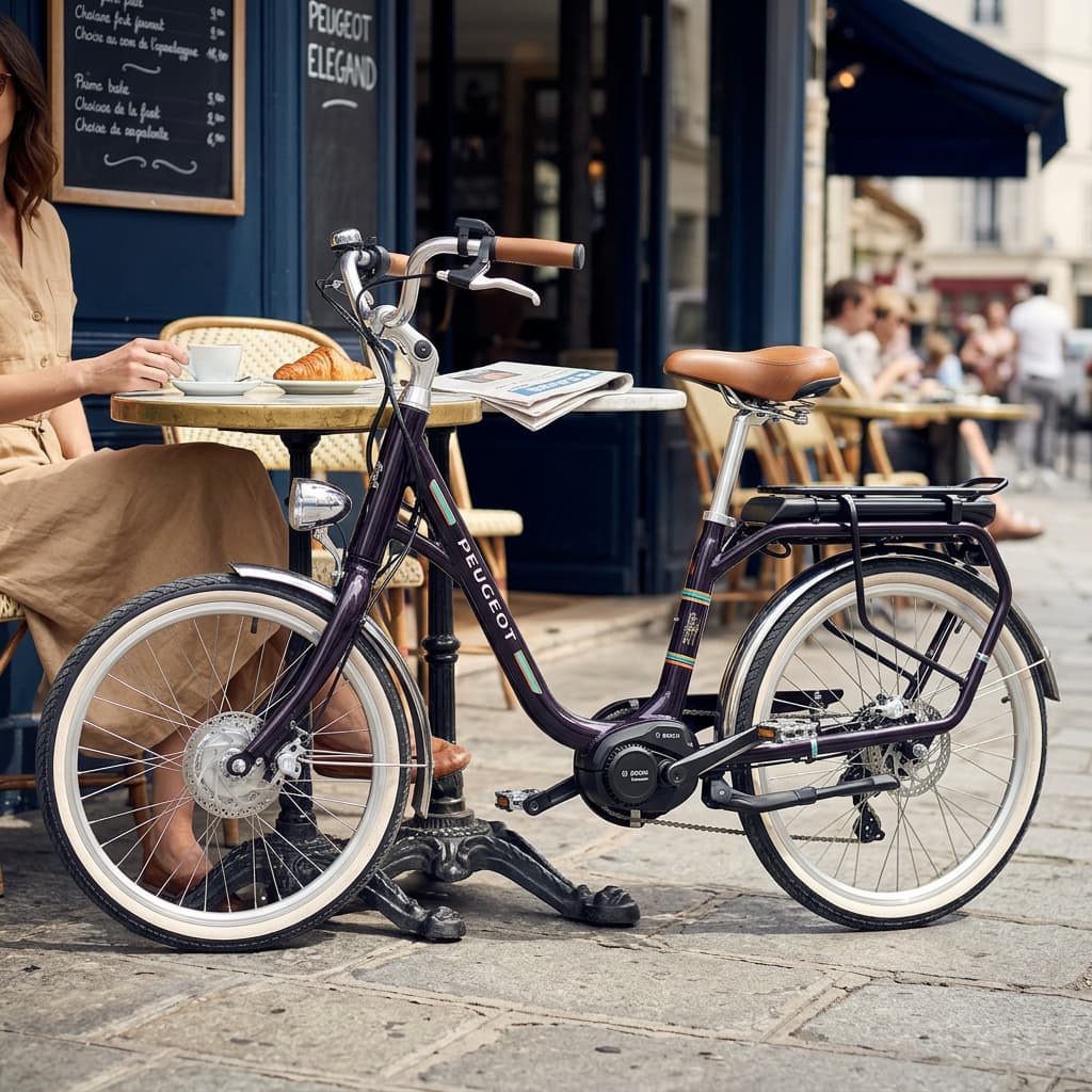 Le vélo électrique Peugeot eLC01 au cadre coloré et style vintage repose contre une table de terrasse de café parisien sous le soleil.