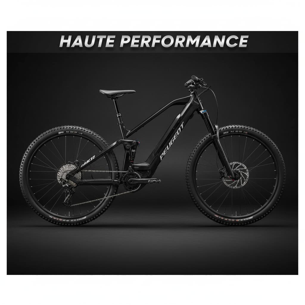 VTT électrique Peugeot eM01 FS 140 de profil en studio sur fond sombre avec l'inscription Haute Performance.