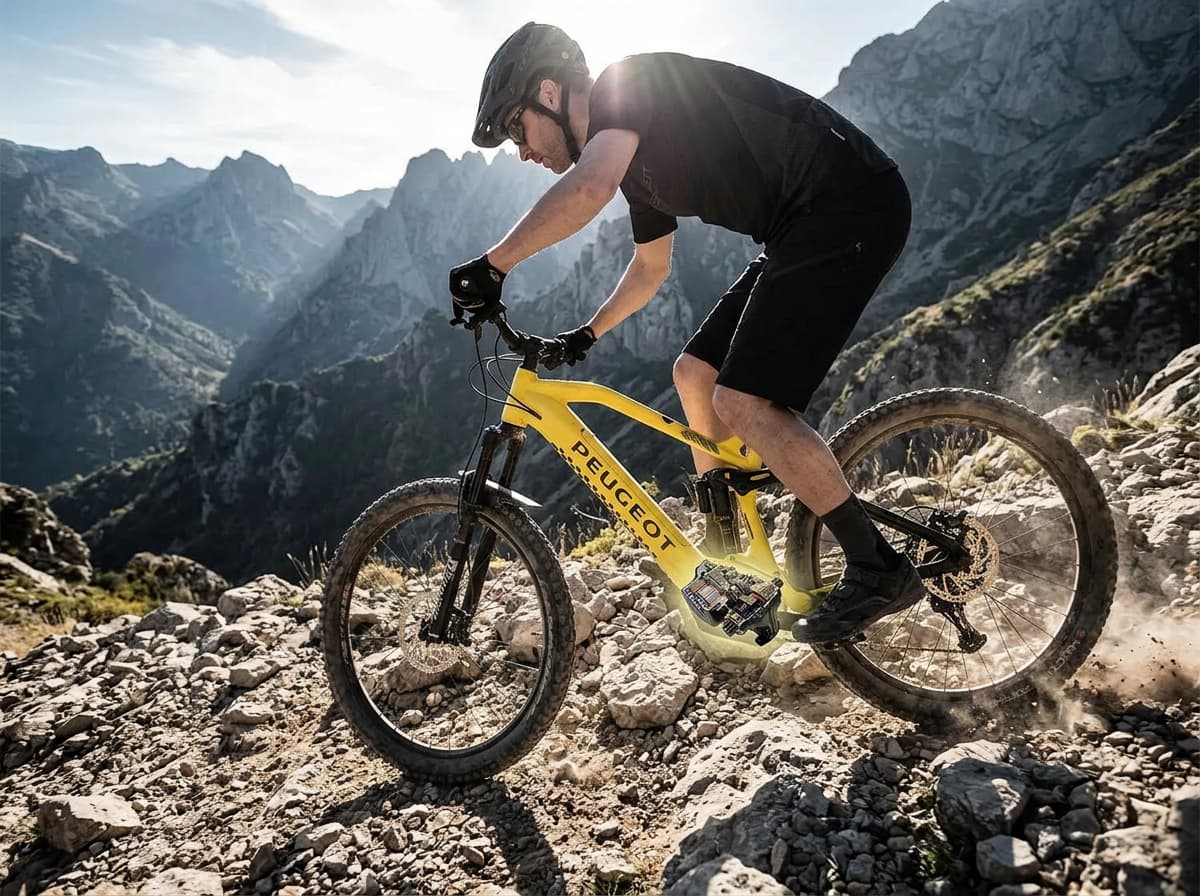 Un VTT électrique Peugeot eM02 FS PowerTube gravit une pente rocailleuse poussiéreuse dans un paysage de montagne aux contrastes marqués.