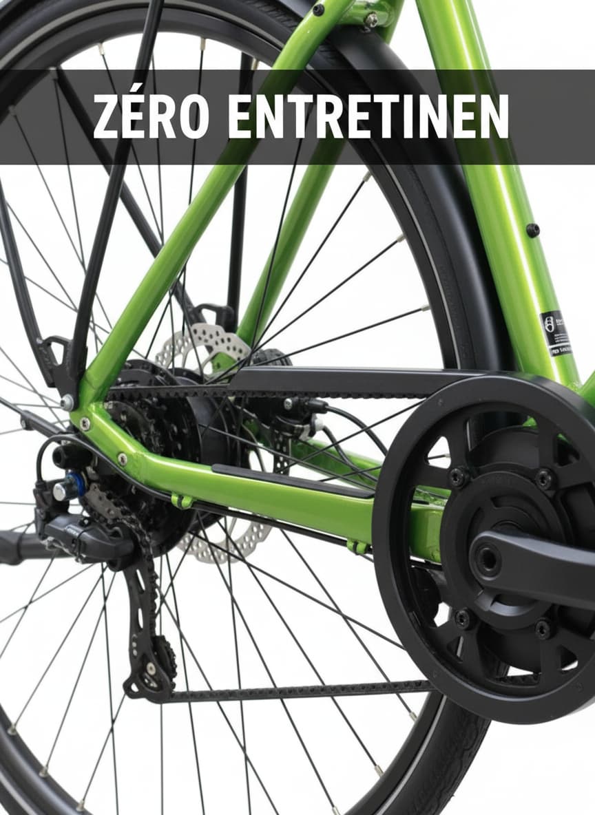 Gros plan sur la courroie de transmission en carbone et le moteur Bosch Active Line d'un Peugeot eT01 Belt avec le texte ZÉRO ENTRETIEN en surimpression.