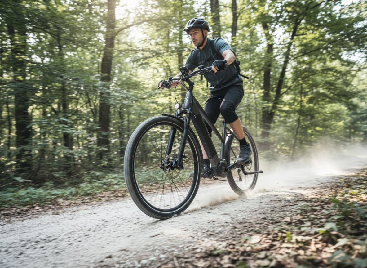 Un vélo Peugeot eT01 CrossOver roule sur un chemin de gravier blanc en forêt, montrant son moteur Bosch et sa batterie PowerTube sous une lumière vive.