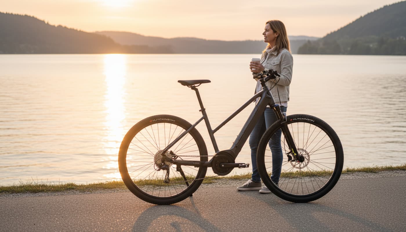 Vélo électrique Peugeot eT01 Mixte à cadre ouvert stationné au bord d'un lac à côté d'un cycliste tenant une tasse de café.