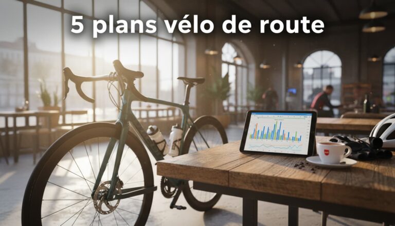 Vélo de route appuyé contre une table en bois dans un café avec tablette affichant graphiques d'entraînement cycliste et un espresso sous une lumière naturelle.
