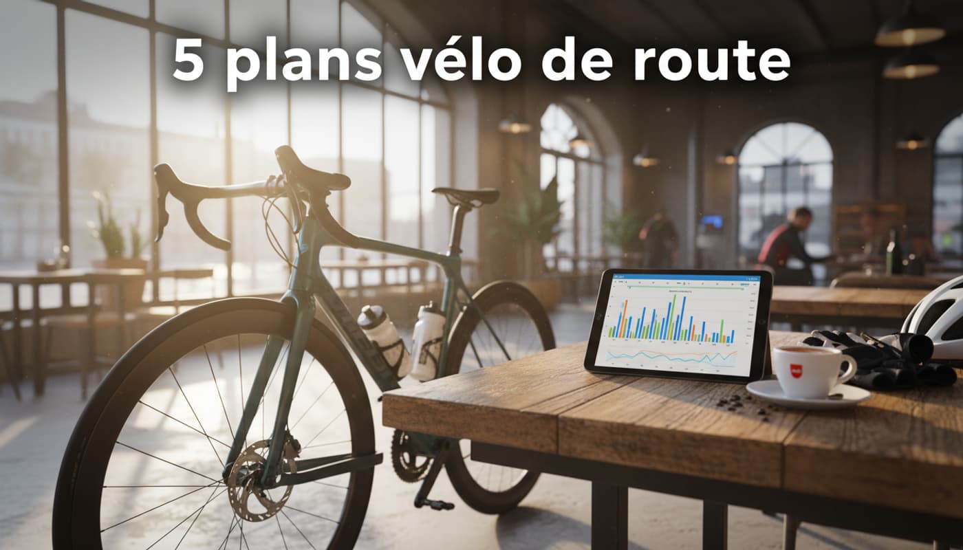 Vélo de route appuyé contre une table en bois dans un café avec tablette affichant graphiques d'entraînement cycliste et un espresso sous une lumière naturelle.