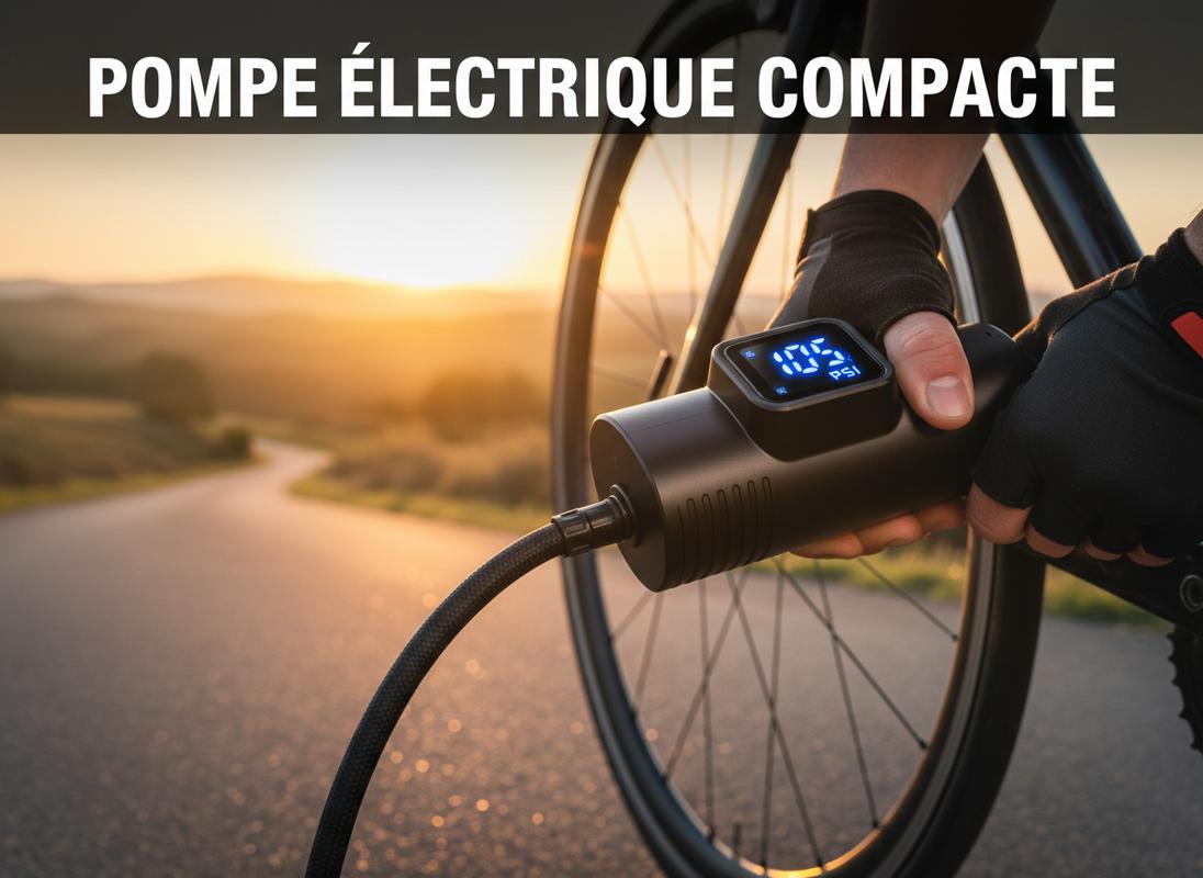 Une pompe électrique de vélo noire mate avec écran digital lumineux utilisée par un cycliste au bord de la route lors du coucher du soleil.