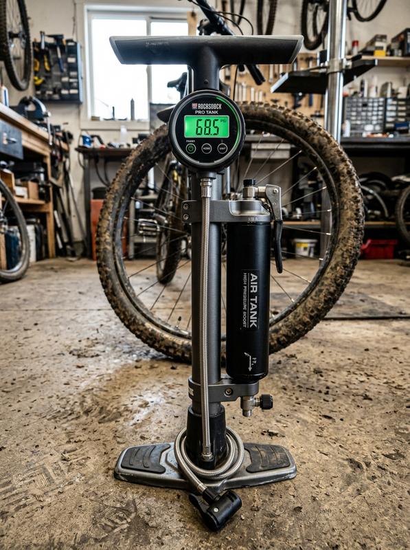 Pompe à pied Lezyne Digital Pressure Over Drive avec réservoir d'air secondaire et manomètre numérique sur un sol d'atelier en béton.