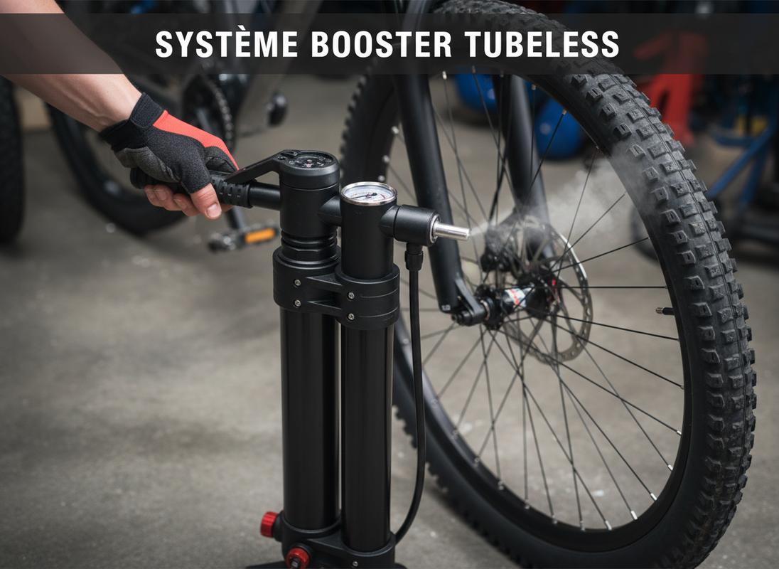 Un cycliste utilise une pompe à double chambre avec levier pour installer un pneu tubeless sur une roue de VTT avec texte Système Booster Tubeless.