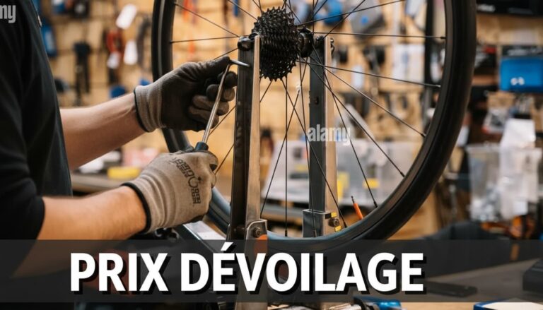 Un mécanicien ajuste les rayons d'une roue de VTT sur un banc de dévoilage avec un bandeau sombre en bas affichant le texte Prix Dévoilage.