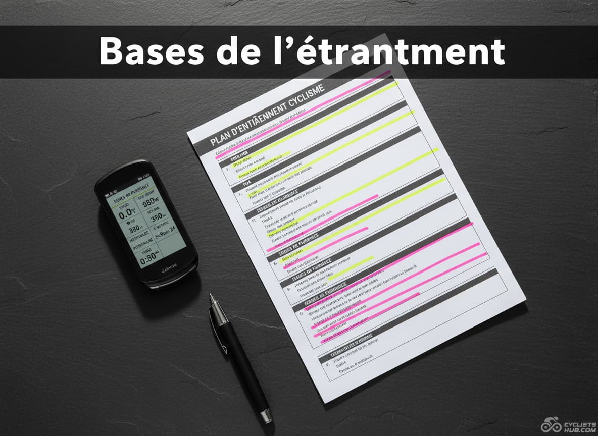 Vue de dessus d'un programme d'entraînement cycliste imprimé, avec un compteur GPS montrant des zones de puissance colorées, un stylo et un fond ardoise.