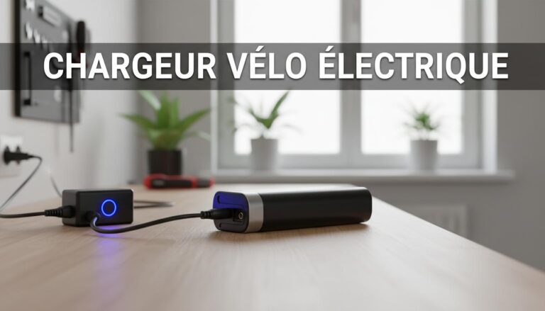 Une batterie de vélo électrique se recharge sur un établi en bois clair sous une lumière naturelle avec le texte superposé Chargeur Vélo Électrique.