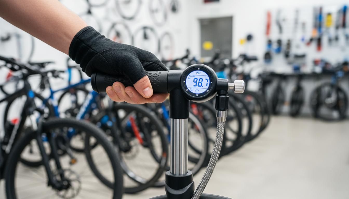 Des mains manipulent avec précision l'écran LCD numérique et la valve de décharge sur la poignée d'une pompe à pied Syncros Vernon 2.0 dans un atelier de vélo.