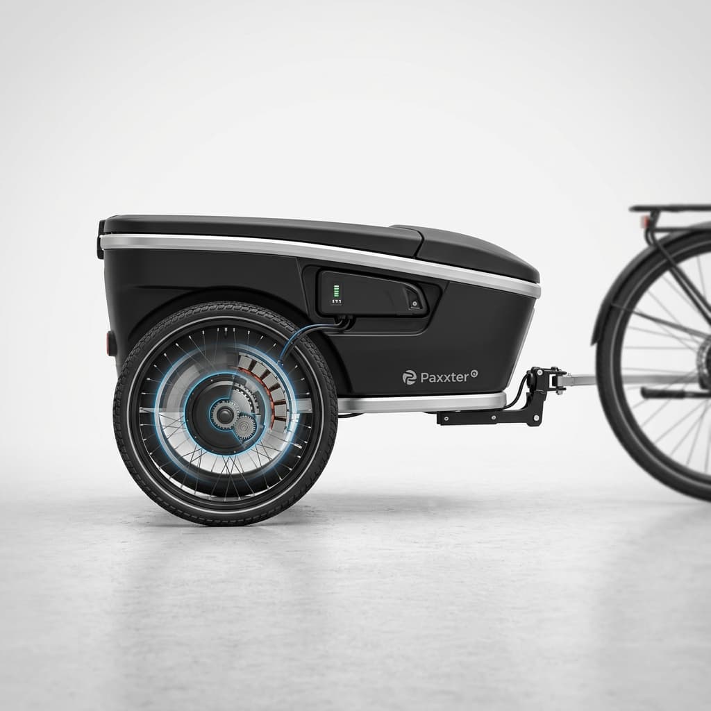Remorque cargo électrique Paxxter e au design utilitaire compact de profil sur fond blanc montrant son moyeu moteur de 250W.