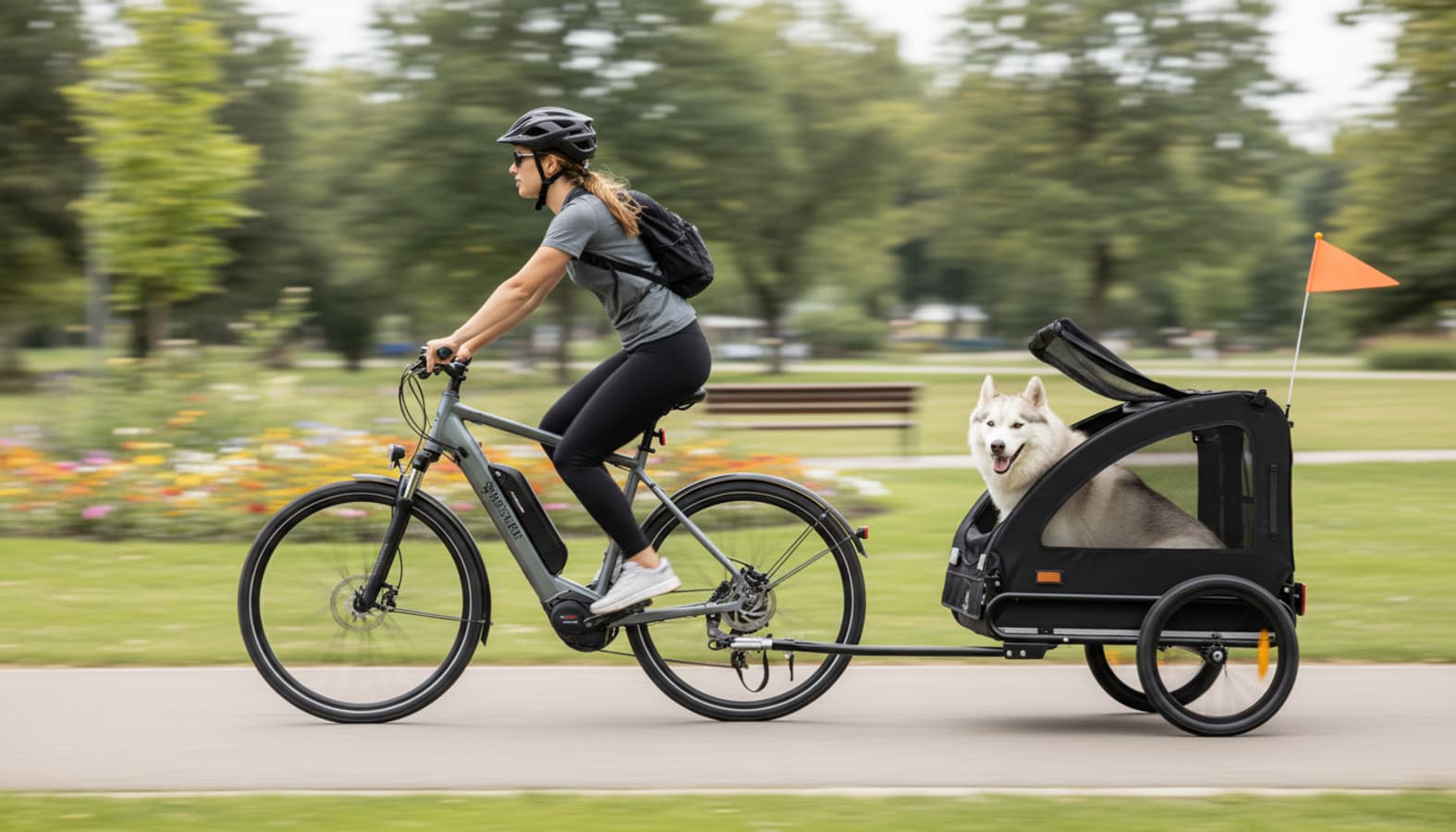 Un cycliste sur un vélo électrique tracte une remorque KESSER XXL transportant un Husky curieux sur une allée de parc ensoleillée.