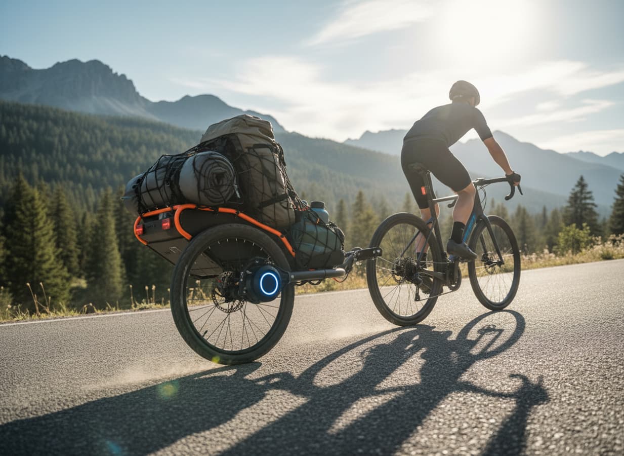 Remorque de vélo électrique Convoy chargée de matériel de camping roulant sur une pente avec un voyant LED indiquant l'assistance active.
