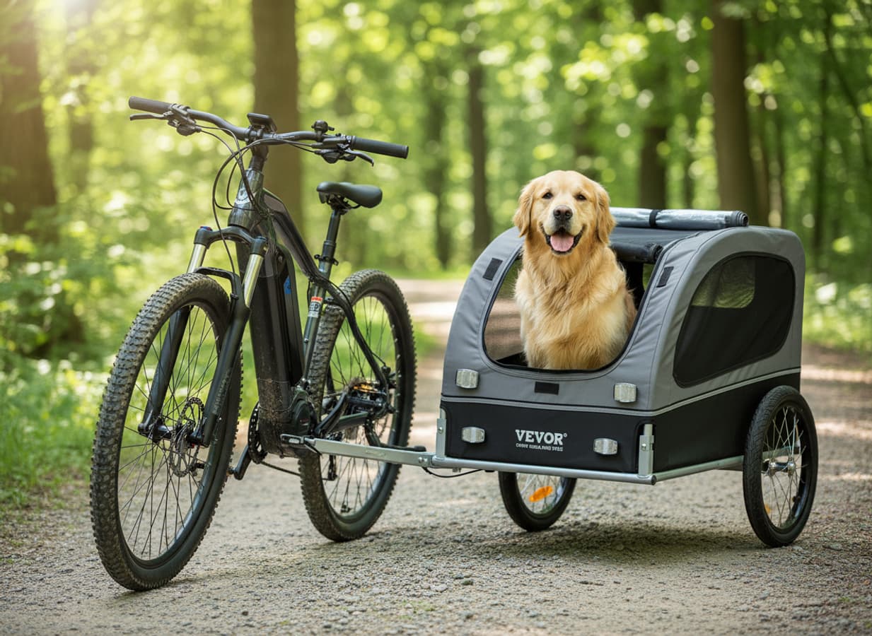 Un Golden Retriever est assis dans une remorque de vélo VEVOR robuste avec roues pneumatiques, attachée à un VTT électrique sur un chemin forestier en gravier.