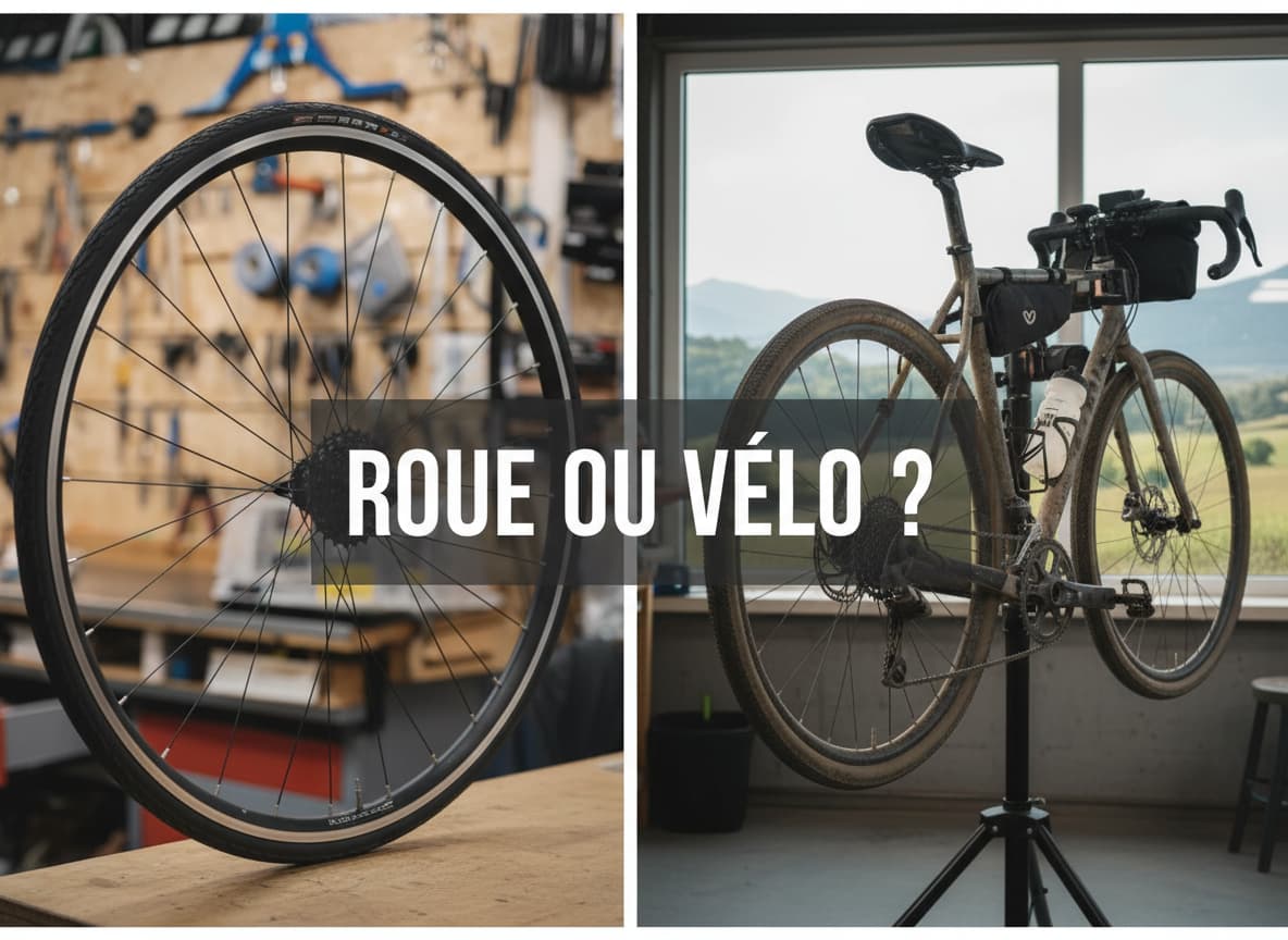 Composition en écran scindé opposant une roue seule contre un établi et un vélo de gravel complet sur un pied d'atelier, avec le texte central Roue ou vélo ?.