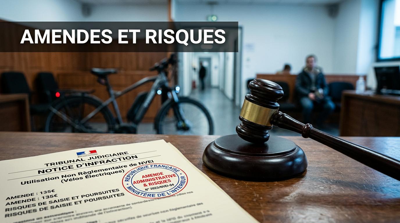 Un marteau de juge en bois et un document officiel tamponné se trouvent au premier plan devant un vélo électrique flou avec l'inscription AMENDES ET RISQUES.