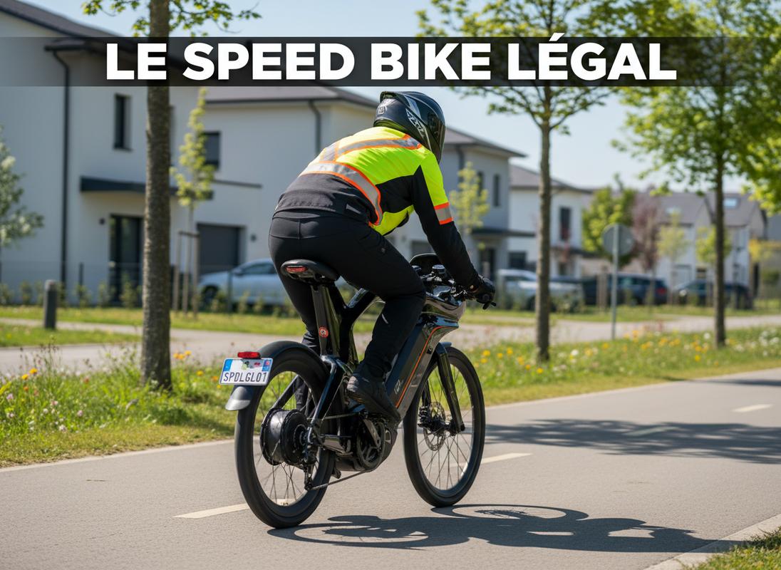 Cycliste en veste réfléchissante et casque intégral sur un speed bike immatriculé longeant une piste cyclable avec l'inscription LE SPEED BIKE LÉGAL.