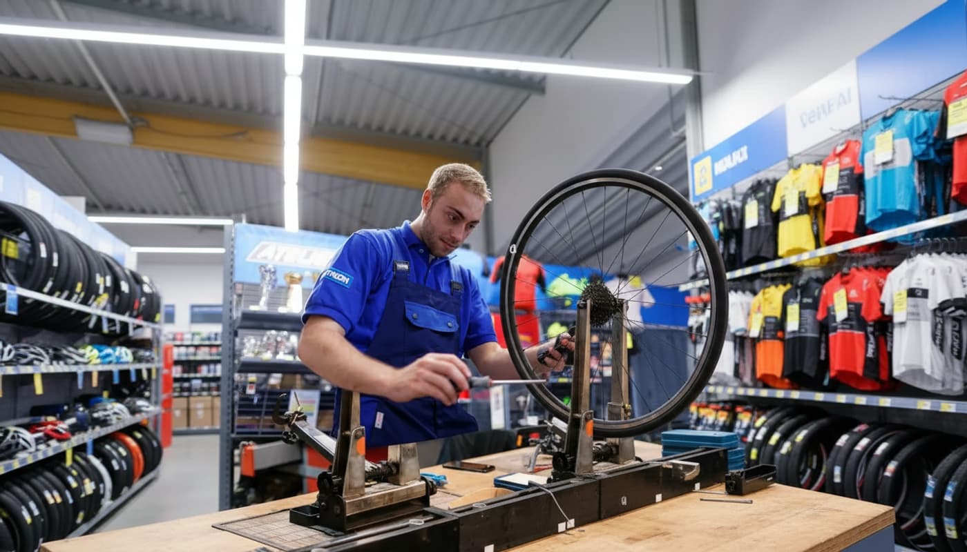 Un technicien vêtu d'un polo bleu contrôle l'alignement de la roue d'un vélo de route dans un atelier de cycle moderne aux étagères d'outils organisées.