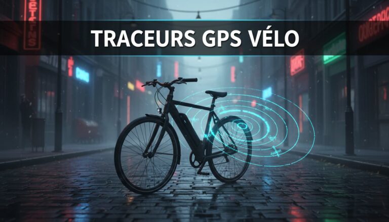 Un vélo électrique urbain dans une rue nocturne aux reflets néons dégage une onde radar lumineuse sous le texte en surimpression TRACEURS GPS VÉLO.