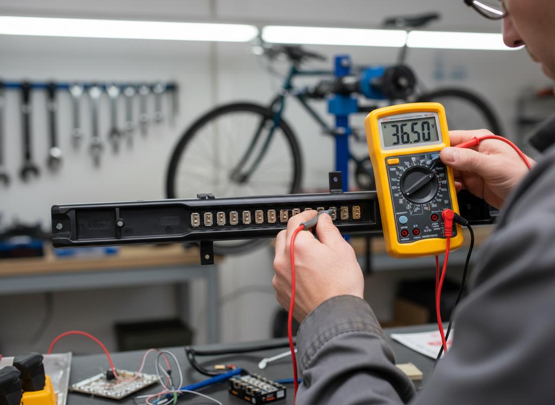 Une personne utilise un multimètre jaune pour tester les connecteurs métalliques d'un rail de batterie de vélo électrique dans un atelier technique.