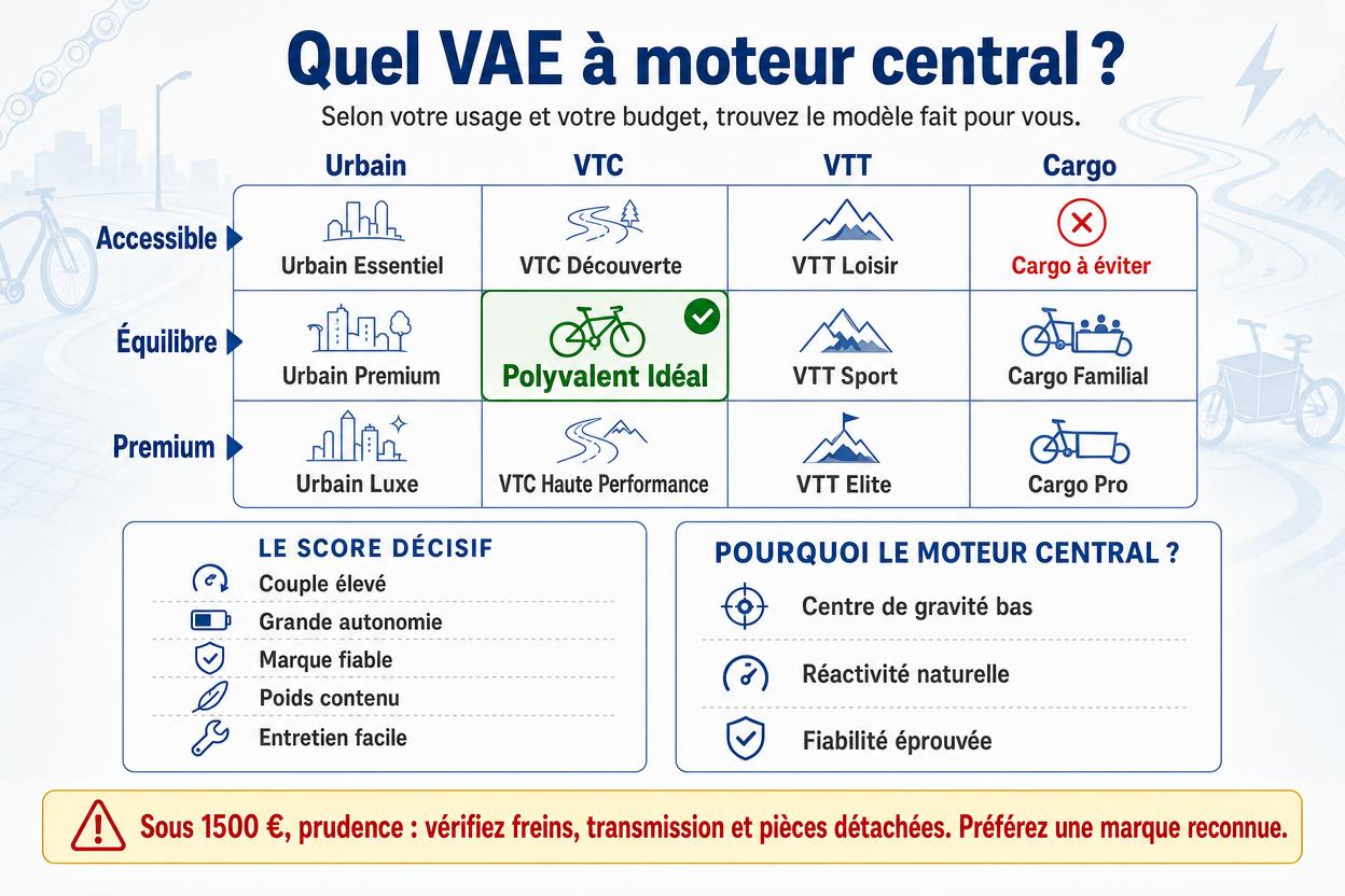 Infographie choix VAE moteur central selon budget et usage