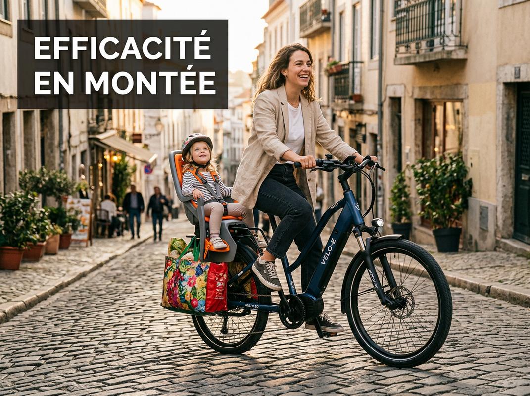 Une cycliste grimpe sans effort une rue pavée sur un vélo cargo électrique chargé de courses et d'un siège enfant avec l'inscription EFFICACITÉ EN MONTÉE.
