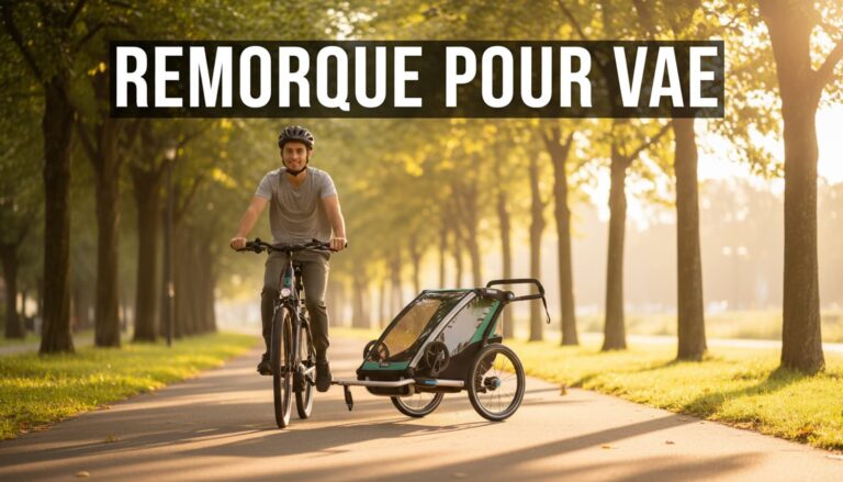 Cycliste sur piste cyclable arborée avec vélo électrique tirant une remorque moderne sous lumière matinale, texte Remorque pour VAE inclus.