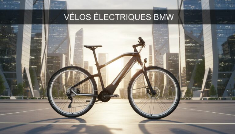 Vélo électrique BMW métallique stationné dans une place urbaine futuriste éclairée, avec l'inscription VÉLOS ÉLECTRIQUES BMW visible en surimpression.
