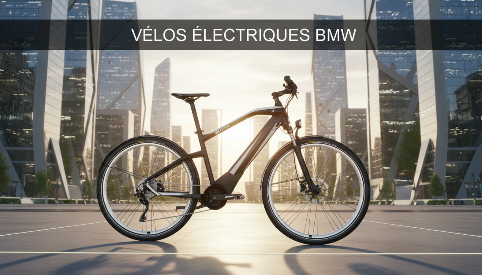 Vélo électrique BMW métallique stationné dans une place urbaine futuriste éclairée, avec l'inscription VÉLOS ÉLECTRIQUES BMW visible en surimpression.