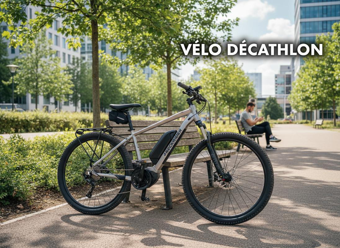 VTT électrique Rockrider argent et noir avec batterie intégrée appuyé contre un banc de parc urbain sous le texte VÉLO DÉCATHLON avec ombre portée.