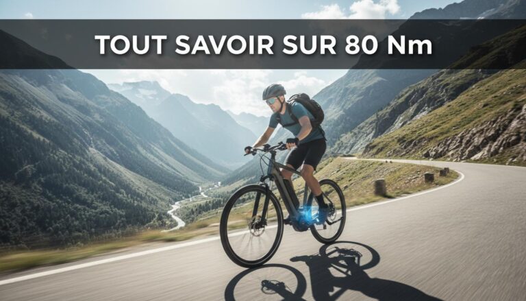 Un cycliste sur un vélo électrique gravissant une route de montagne avec moteur éclairé en bleu indiquant une puissance de 80 Nm.