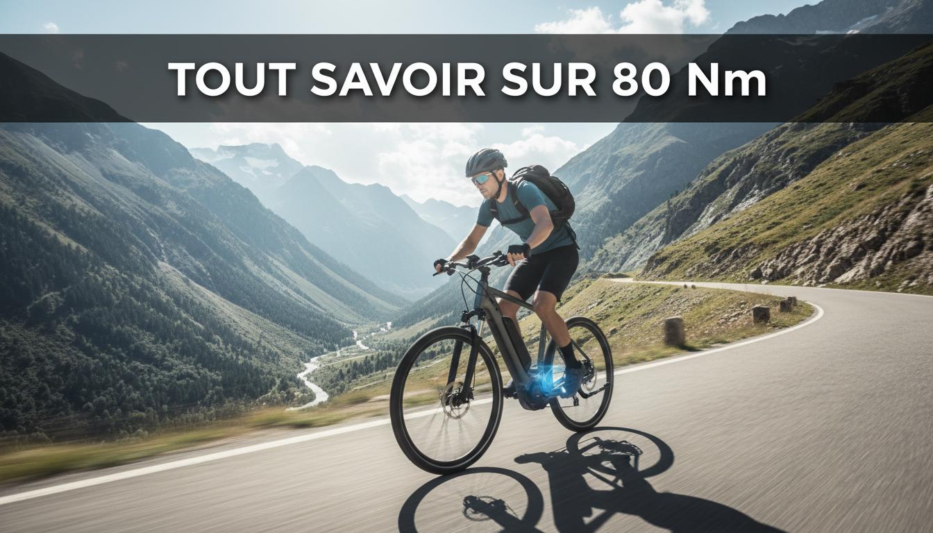 Un cycliste sur un vélo électrique gravissant une route de montagne avec moteur éclairé en bleu indiquant une puissance de 80 Nm.