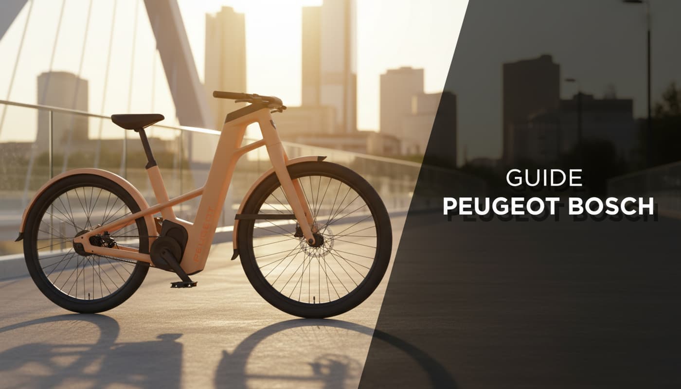 Vélo électrique Peugeot mat avec moteur Bosch sur un pont moderne au coucher du soleil sous un bandeau textuel GUIDE PEUGEOT BOSCH.