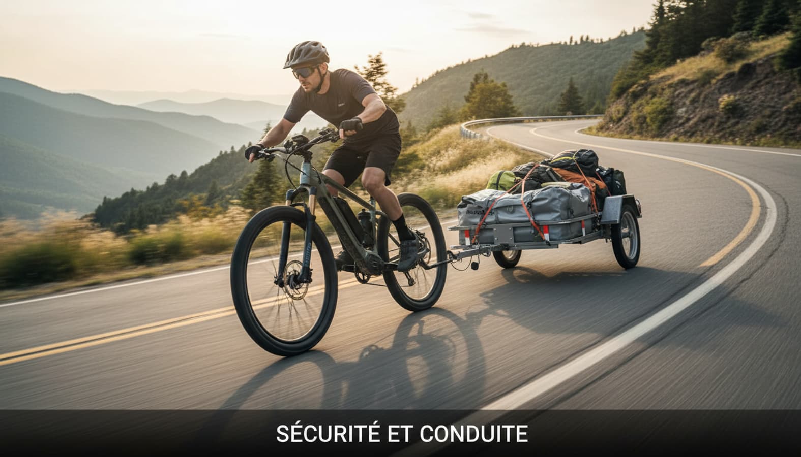 Un cycliste incline son vélo électrique dans un virage de route de montagne en tractant une remorque lourdement chargée lors du coucher du soleil.
