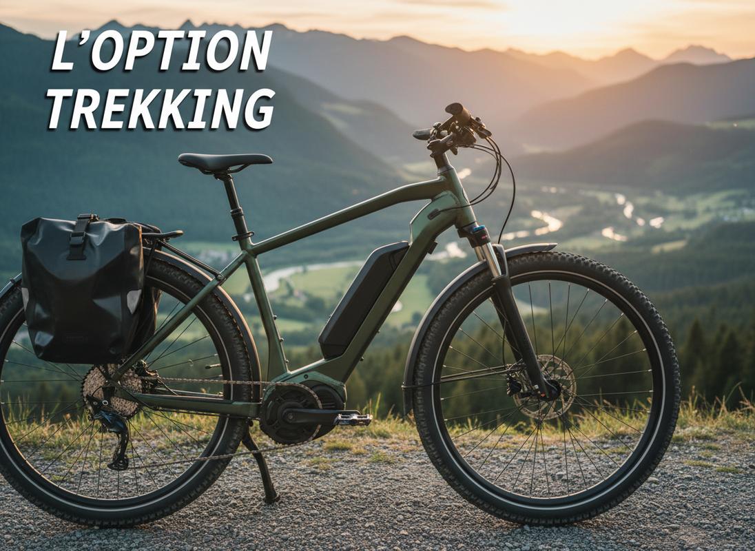 Un vélo électrique de trekking avec batterie intégrée garé sur un chemin de gravier surplombant une vallée verdoyante avec le texte L'OPTION TREKKING.