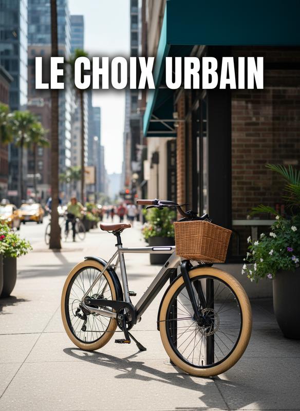Un vélo électrique urbain à cadre bas et panier avant stationné devant un café moderne avec le texte en surbrillance Le Choix Urbain.