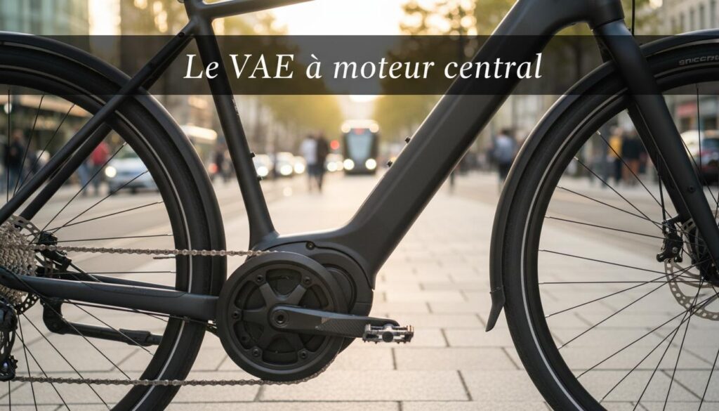 Vélo électrique minimaliste avec moteur central stationné sur un trottoir urbain ensoleillé, affichant le texte Le VAE à moteur central en surimpression.