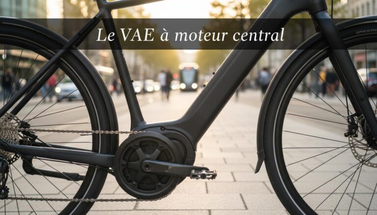 Vélo électrique minimaliste avec moteur central stationné sur un trottoir urbain ensoleillé, affichant le texte Le VAE à moteur central en surimpression.