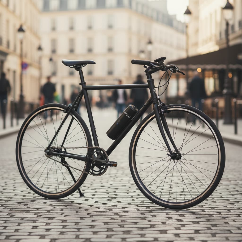 Vélo urbain avec kit moteur Virvolt 900 noir au pédalier, stationné sur une rue pavée à Paris sous une lumière douce du matin.