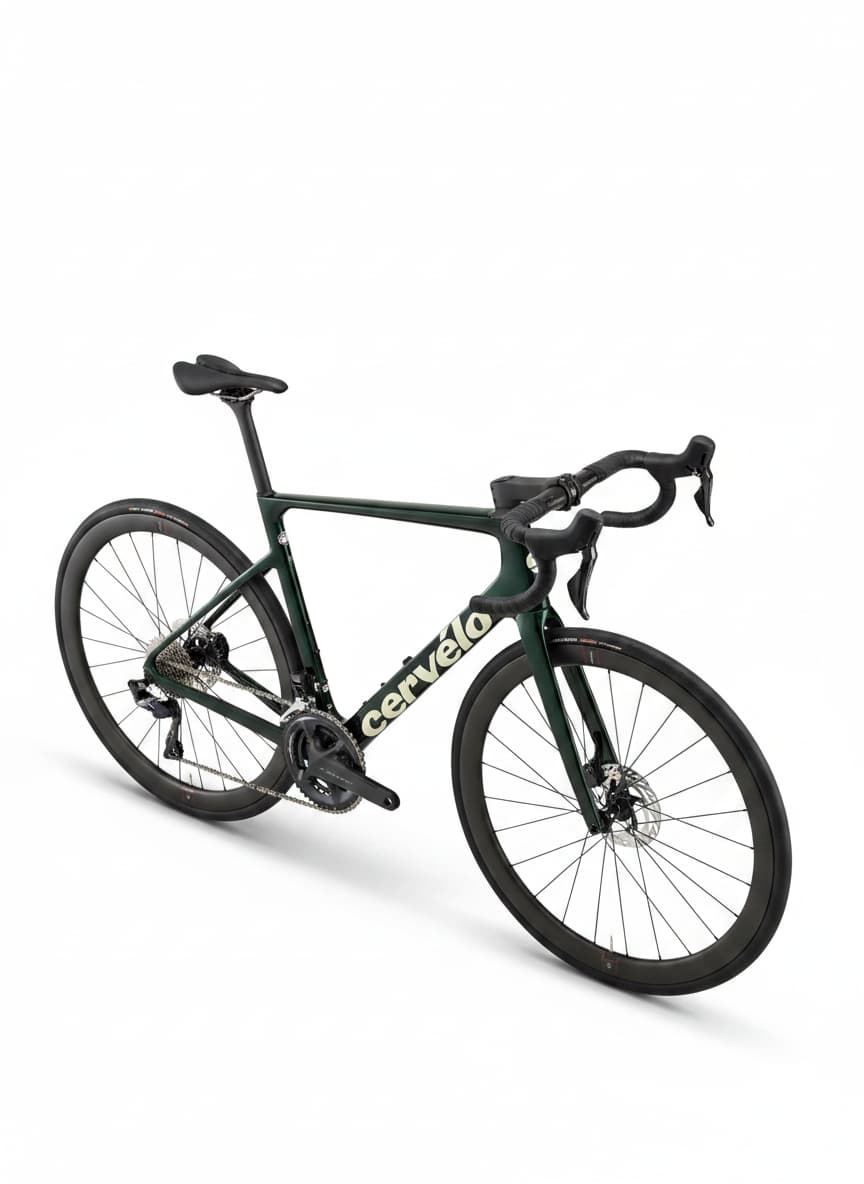 Vélo de route Cervélo Caledonia 5 photographié en studio sous un angle plongeant mettant en valeur ses tubes profilés et son large dégagement de pneus.
