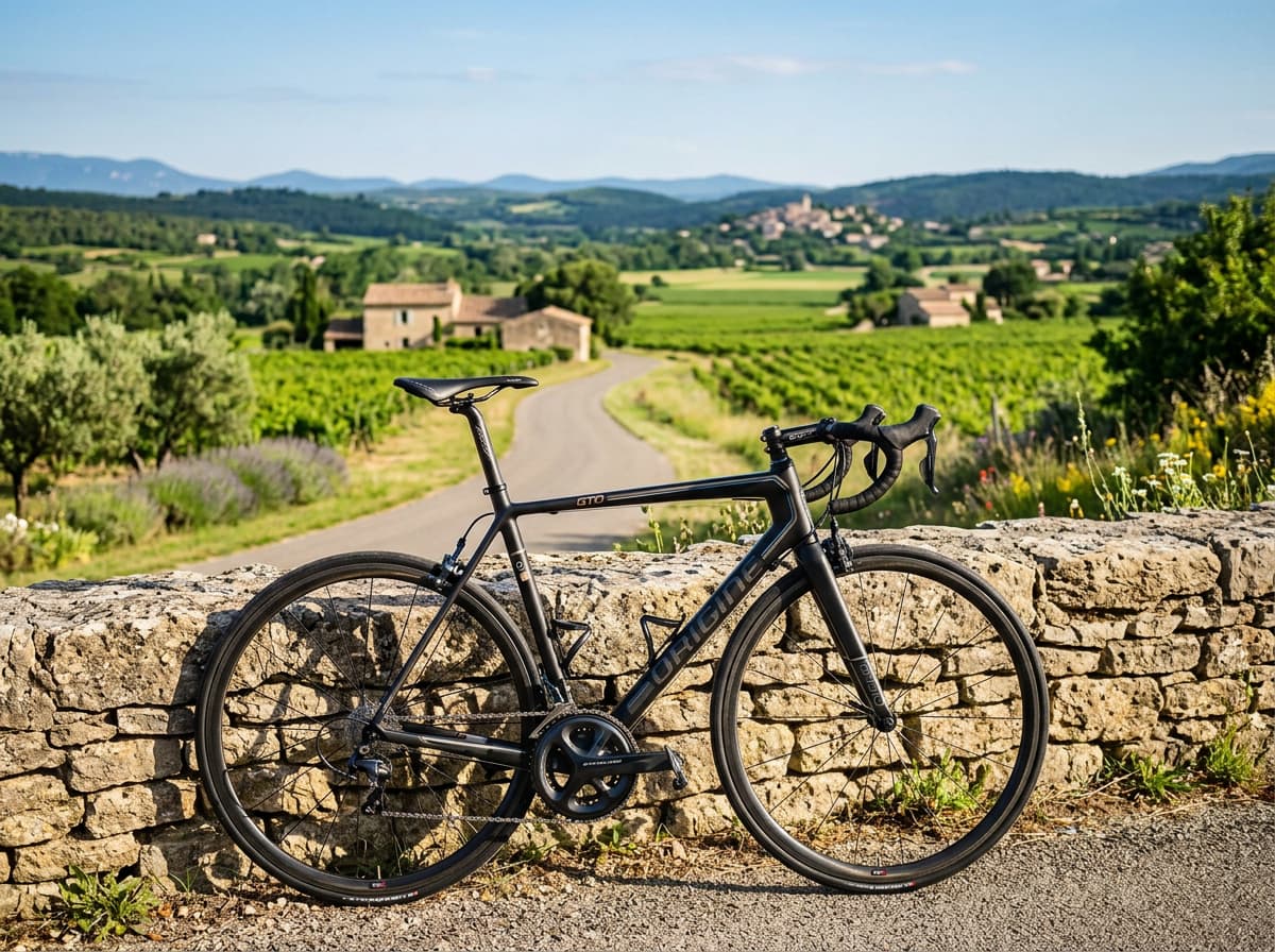 Vélo de route Origine Axxome GTO en carbone appuyé contre un vieux mur en pierre sur une route de campagne française verdoyante.