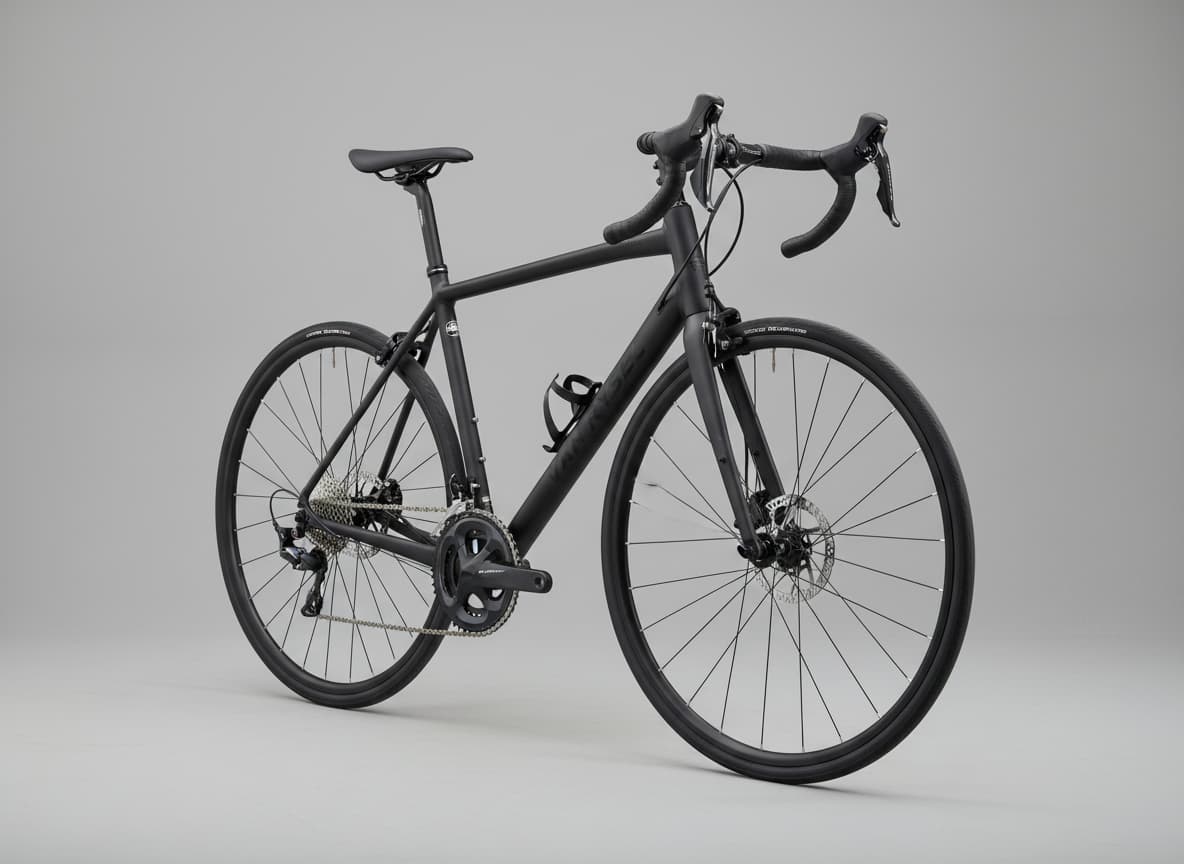 Vélo de route Van Rysel EDR AF 105 en aluminium noir présenté de profil trois-quarts sur un fond gris épuré mettant en valeur sa transmission Shimano.