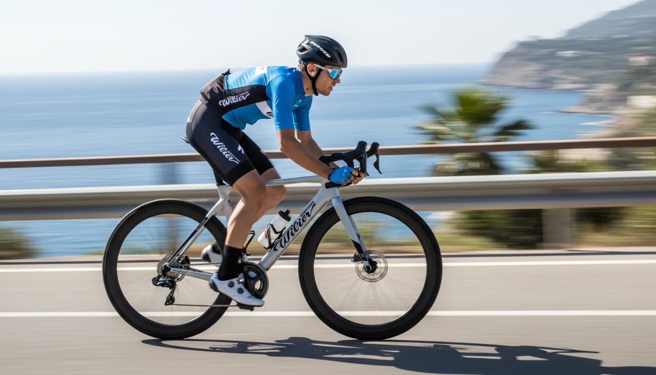 Un cycliste en pleine course sur un vélo Wilier Triestina 0 SL le long d'une route côtière, avec un effet de filé marquant la vitesse par un flou de mouvement.