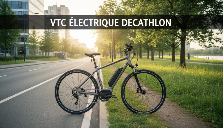 Vélo électrique Decathlon Riverside au cadre métallique stationné entre une rue urbaine et un chemin de parc verdoyant sous la lumière matinale.