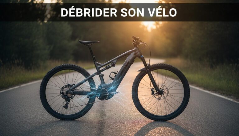 Un VTT électrique stationné sur une route forestière au crépuscule arbore un halo bleu sur son moteur central avec le texte DÉBRIDER SON VÉLO en surimpression.
