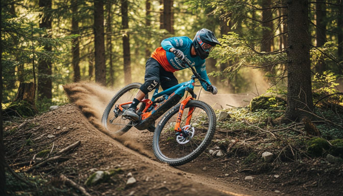 Un vététiste incline son VTT électrique Focus JAM² 6.8 dans un virage relevé serré d'un bike park avec un effet de flou de mouvement sur le décor forestier.