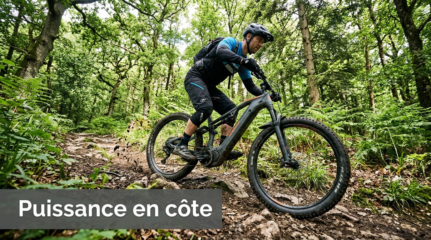 Vététiste franchissant une pente rocheuse abrupte en VTT électrique dans une forêt ensoleillée avec texte Puissance en côte.