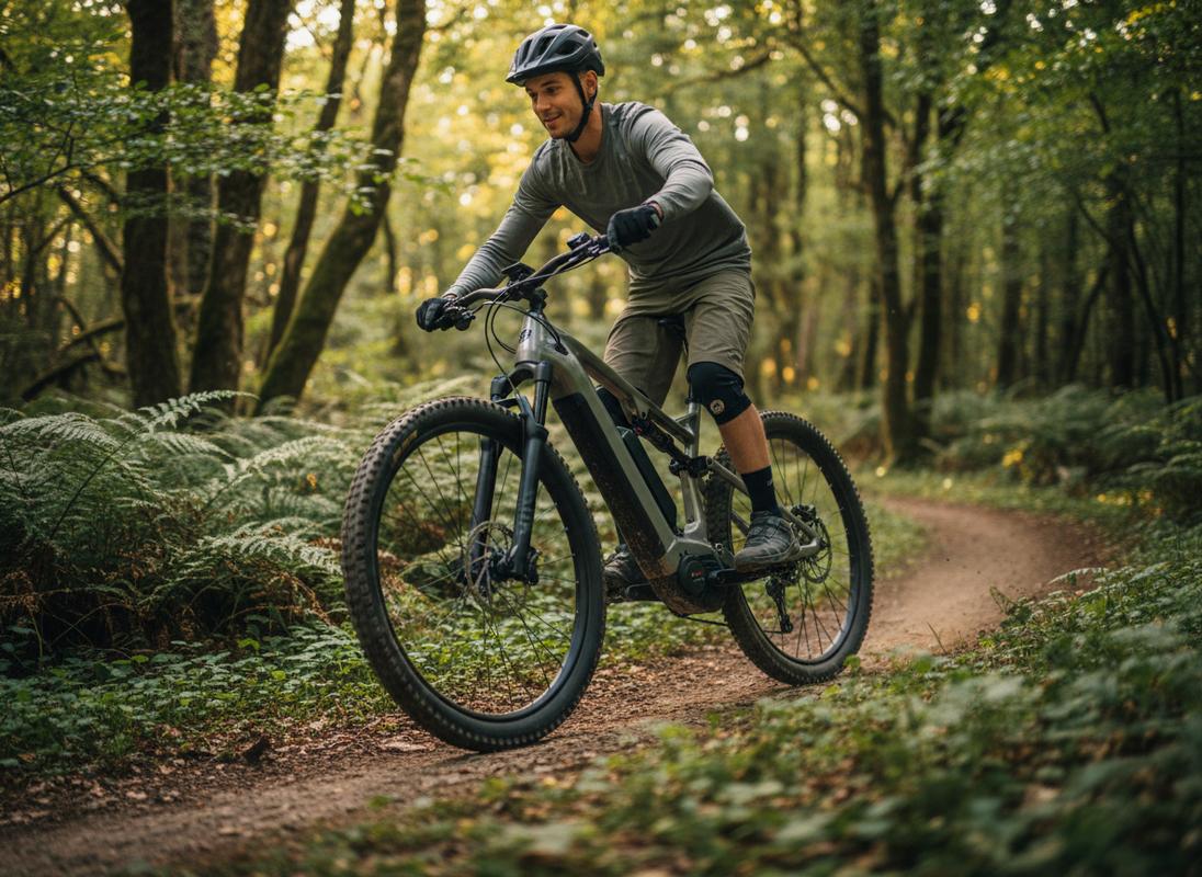 Cycliste pédalant sur un VTT électrique Moustache Samedi 29 Trail au cadre unique sur un sentier de forêt sinueux sous une lumière naturelle douce.