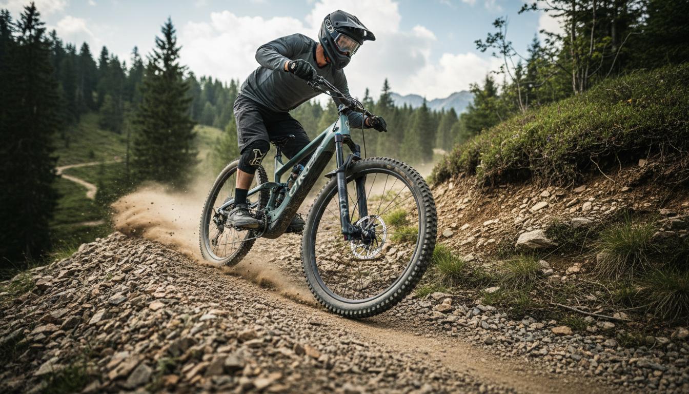 Un VTT électrique Orbea Wild dévale un sentier technique rocailleux et escarpé en soulevant des éclats de terre et de roche.